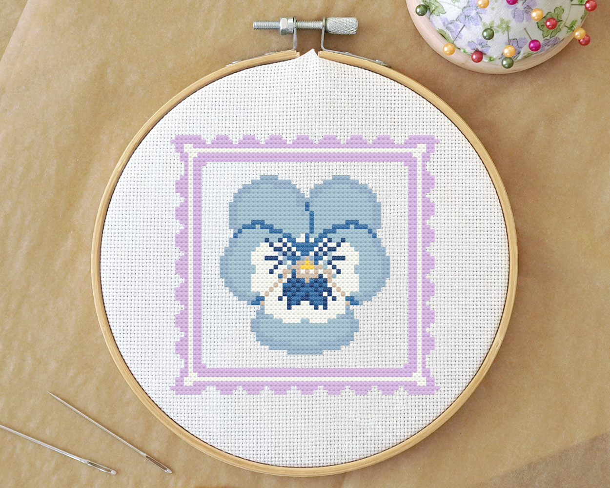 Blue Pansy Cross-Stitch Kit – Embroidery Set with Pansy Motif | PLIXTON