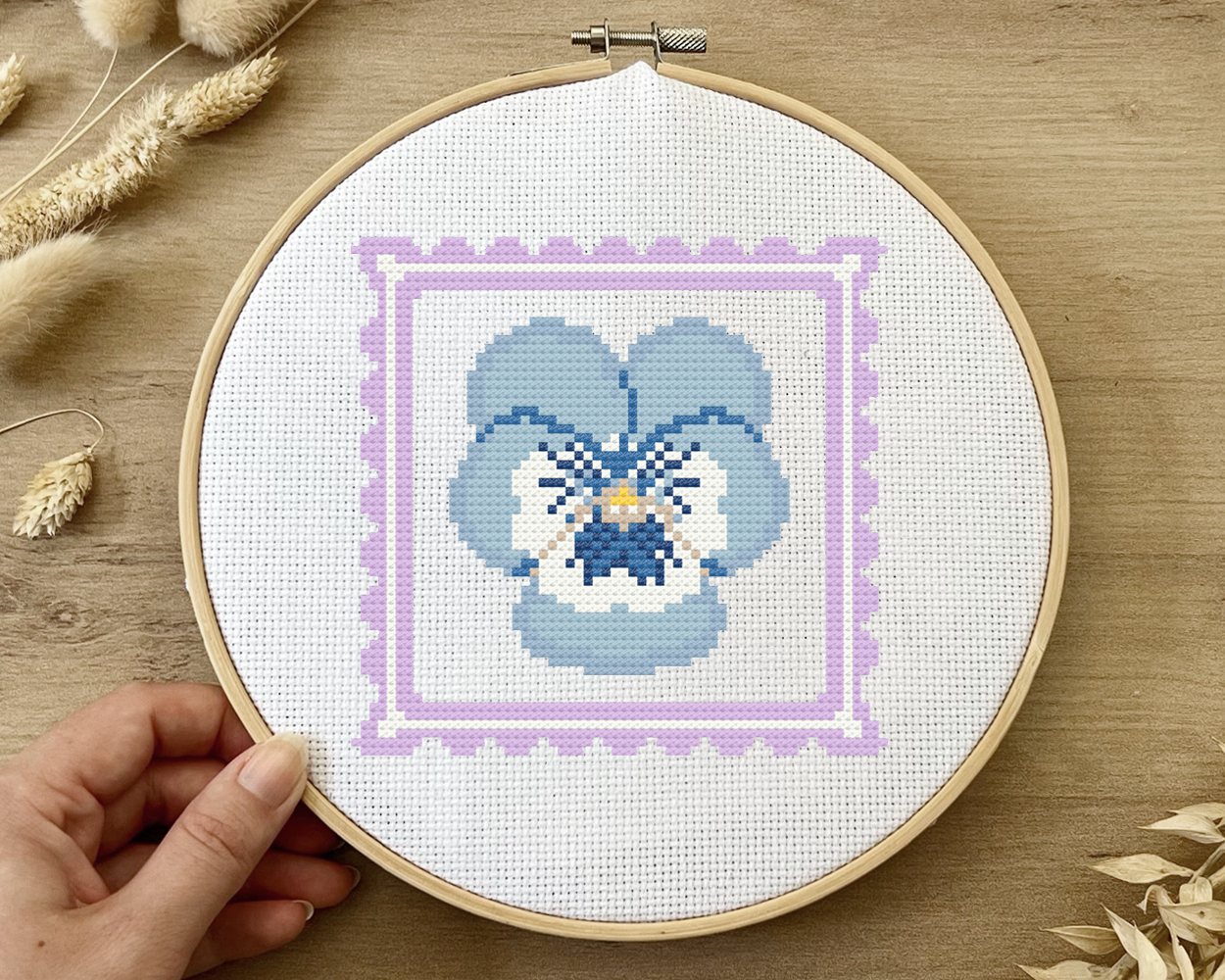 Blue Pansy Cross-Stitch Kit – Embroidery Set with Pansy Motif | PLIXTON