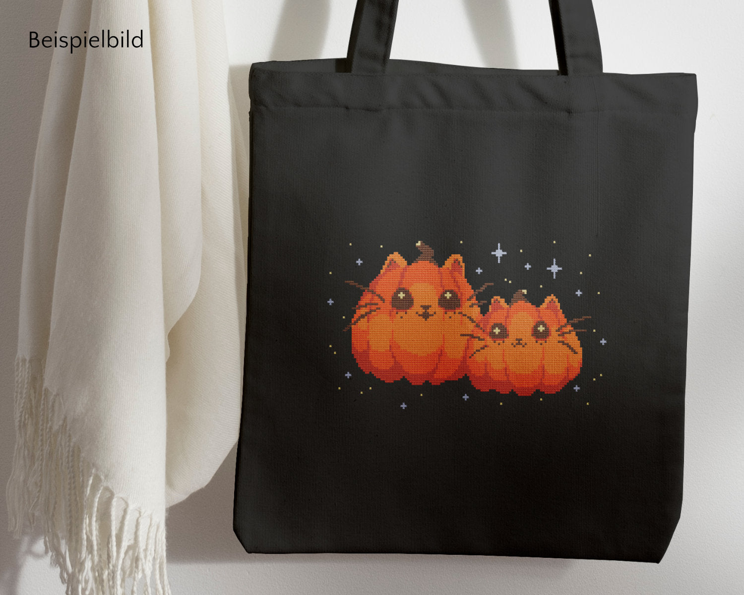 Katzen-Kürbis Kreuzstich Set – DIY Stickset für Jutebeutel mit DMC Garn und Stickvorlage