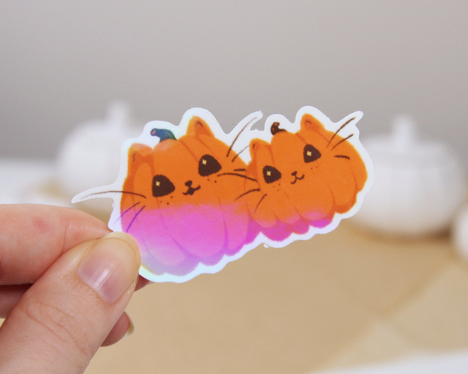 Katzen-Kürbis Sticker – Holografischer Vinyl-Sticker mit Katzenmotiv